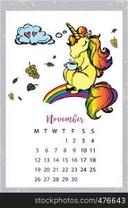 Calendar 2018 with unicorn,November month,hand drawn template,vector illustration. Calendar 2018 with unicorn,hand drawn template