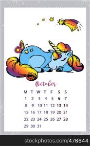 Calendar 2018 with unicorn,October month,hand drawn template,vector illustration. Calendar 2018 with unicorn,hand drawn template