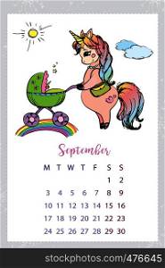 Calendar 2018 with unicorn,September month,hand drawn template,vector illustration. Calendar 2018 with unicorn,hand drawn template
