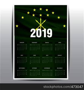 Calendar 2019 Adygea Flag background. English language