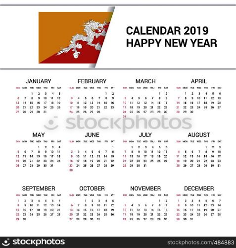 Calendar 2019 Bhutan Flag background. English language