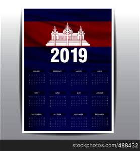 Calendar 2019 Cambodia Flag background. English language