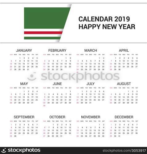 Calendar 2019 Chechen Republic of Lchkeria Flag background. English language