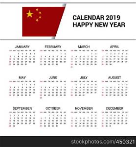 Calendar 2019 China Flag background. English language