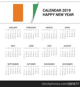 Calendar 2019 Cote d Ivoire / Ivory Coast Flag background. English language