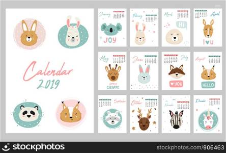 Calendar 2019. Cute monthly pages with hand drawn animals. Vector illustration. Rabbit, llama, koala, seal, kangaroo, giraffe, rabbit, fox, squirrel, raccoon, deer, zebra, unicorn, panda. Calendar 2019. Cute monthly pages with animals