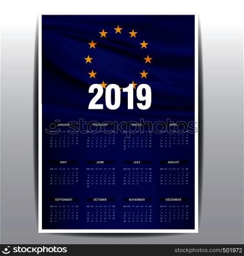 Calendar 2019 European Union Flag background. English language