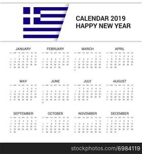 Calendar 2019 Greece Flag background. English language