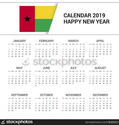Calendar 2019 Guinea Bissau Flag background. English language