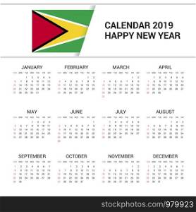 Calendar 2019 Guyana Flag background. English language