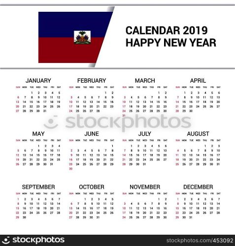 Calendar 2019 Haiti Flag background. English language