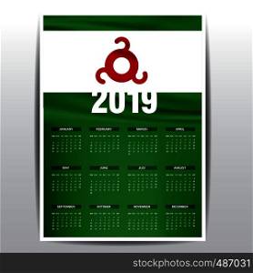 Calendar 2019 Ingushetia Flag background. English language