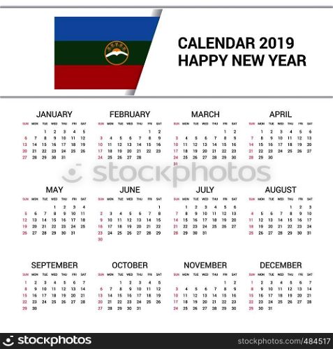 Calendar 2019 Karachay Chekessia Flag background. English language