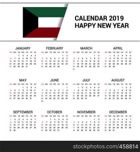 Calendar 2019 Kuwait Flag background. English language