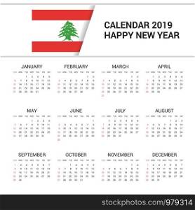Calendar 2019 Lebanon Flag background. English language