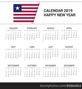 Calendar 2019 Liberia Flag background. English language