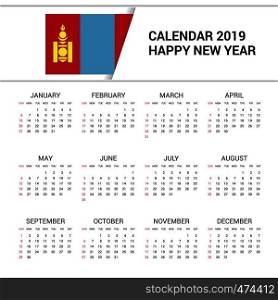 Calendar 2019 Mongolia Flag background. English language