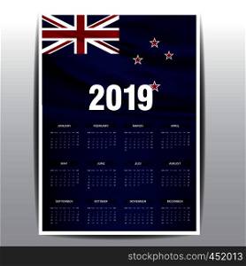 Calendar 2019 New Zealand Flag background. English language