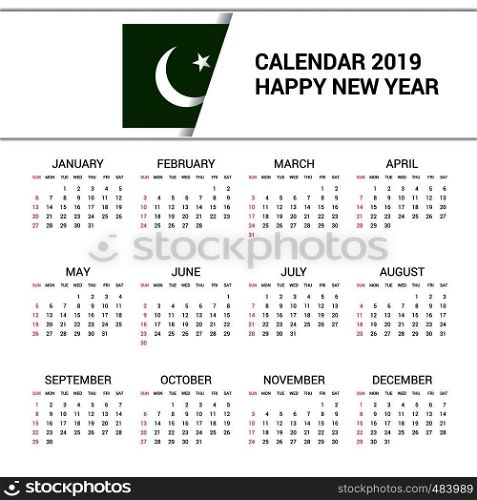 Calendar 2019 Pakistan Flag background. English language