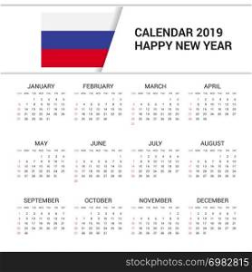 Calendar 2019 Russia Flag background. English language