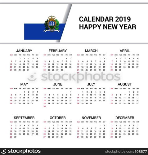 Calendar 2019 San Marino Flag background. English language