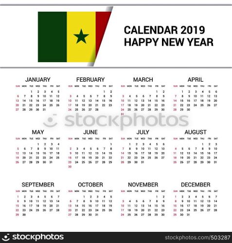 Calendar 2019 Senegal Flag background. English language