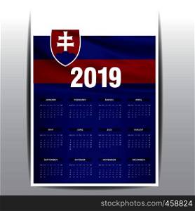 Calendar 2019 Slovakia Flag background. English language