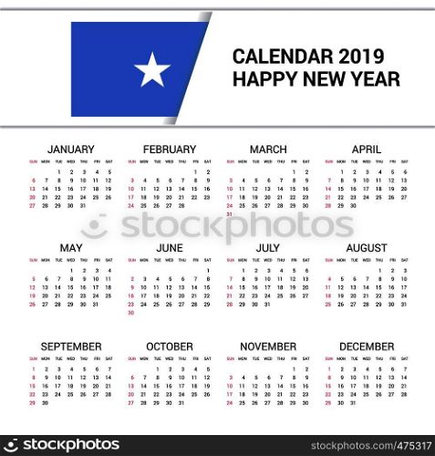 Calendar 2019 Somalia Flag background. English language