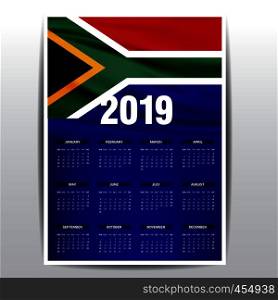 Calendar 2019 South Africa Flag background. English language