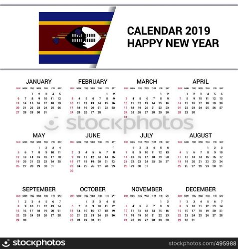 Calendar 2019 Swaziland Flag background. English language