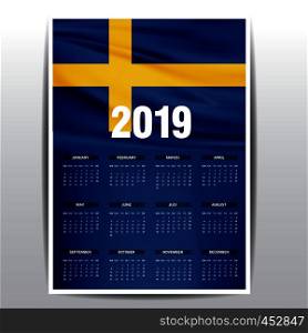 Calendar 2019 Sweden Flag background. English language