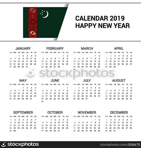 Calendar 2019 Turkmenistan Flag background. English language
