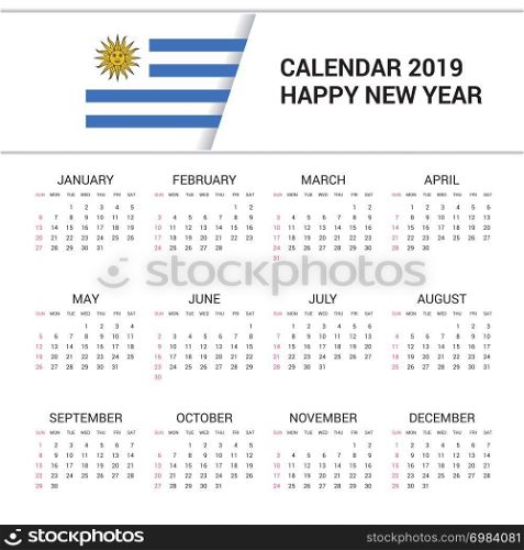 Calendar 2019 Uruguay Flag background. English language