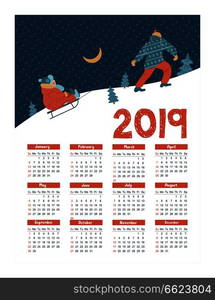 Calendar 2019. Vector illustration. Dad rolls on the sledge of the child.. Calendar year 2019.  Vector illustration. A set of characters engaged in winter sports and recreation.