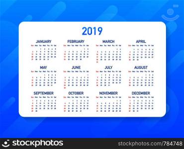 Calendar 2019, Week starts from Sunday, business template. Editable vector file available. English and Sunday to Monday version. Vector stock illustration.