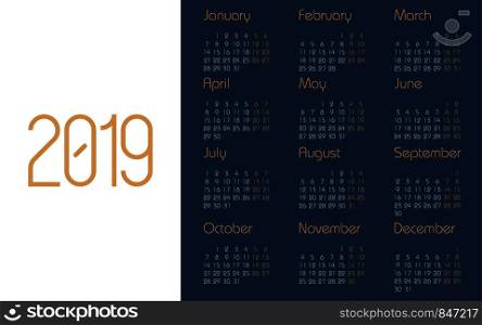 Calendar 2019 year. Planner design. Calendar 2019 template. Template calendar. Eps10. Calendar 2019 year. Planner design. Calendar 2019 template. Template calendar