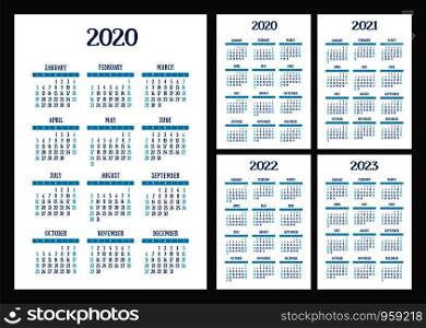 Calendar 2020, 2021, 2022 and 2023. English blue color vector set. Wall or pocket calender template. Design collection. New year. Week starts on Sunday