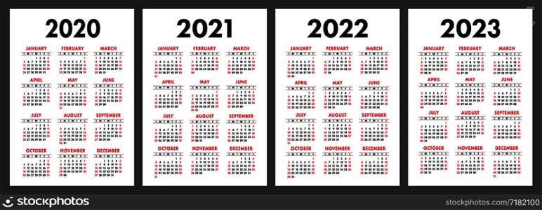 Calendar 2020, 2021, 2022 and 2023. English color vector set. Vertical wall or pocket calender template. Design collection. New year. Week starts on Sunday