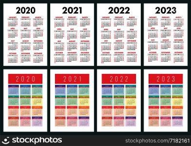Calendar 2020, 2021, 2022 and 2023. English color vector set. Vertical wall or pocket calender template. Golorful big design collection. New year. Week starts on Sunday