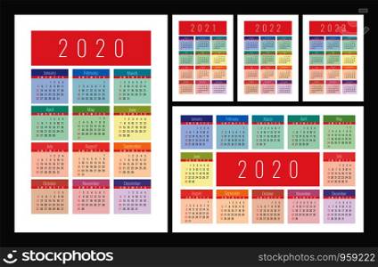 Calendar 2020, 2021, 2022 and 2023. English color vector set. Vertical and horizontal wall or pocket calender template. Colorful big design collection. New year. Week starts on Sunday