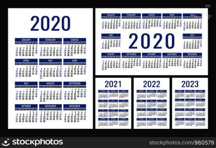 Calendar 2020, 2021, 2022 and 2023. English color vector set. Vertical and horizontal wall or pocket calender template. Design collection. New year. Week starts on Sunday