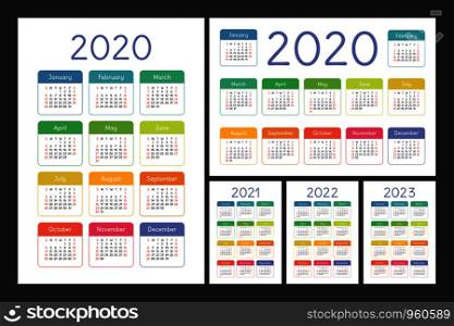 Calendar 2020, 2021, 2022 and 2023. English color vector set. Kid's wall or pocket calender template. Colorful big design collection. New year. Week starts on Sunday