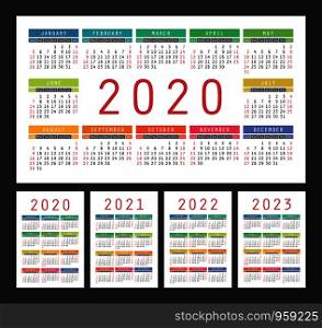 Calendar 2020, 2021, 2022 and 2023. English color vector set. Wall or pocket calender template. Colorful big design collection. New year. Week starts on Sunday