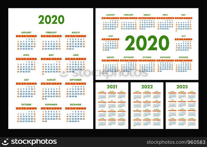 Calendar 2020, 2021, 2022 and 2023. English color vector set. Wall or pocket calender template. Design collection. New year. Week starts on Sunday