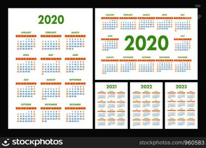 Calendar 2020, 2021, 2022 and 2023. English color vector set. Wall or pocket calender template. Design collection. New year. Week starts on Sunday