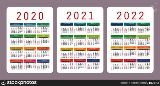 Calendar 2020, 2021, 2022 years. Vertical vector calender design template. Colorful set. Week starts on Sunday