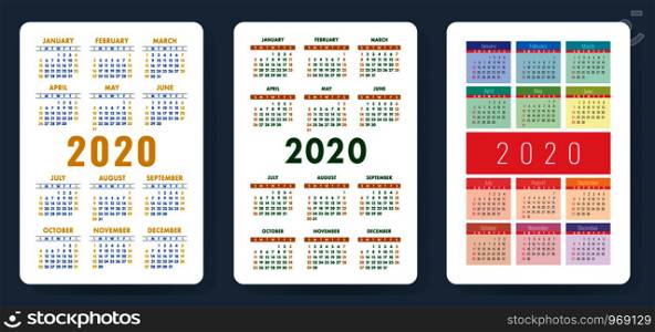 Calendar 2020. Color vector set. Pocket calender collection. Week starts on Sunday. Basic grid template for print