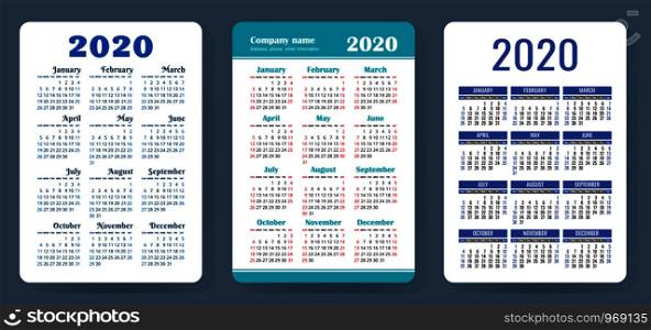 Calendar 2020. Color vector set. Pocket calender collection. Week starts on Sunday. Basic grid template for print