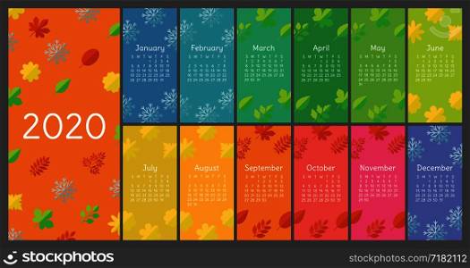 Calendar 2020 colorful. Flat icons. Leaf, flower, snowflake. Color vector template. Ready wall English calender