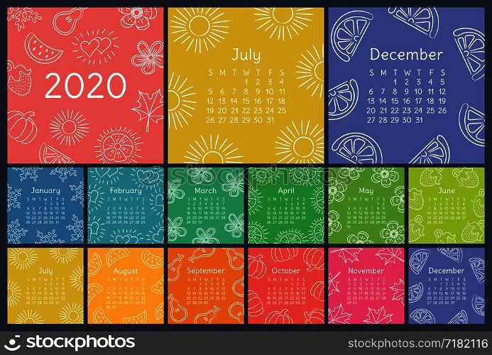 Calendar 2020 colorful hand drawn sketch. Wall english calender. Doodle flower, heart, leaf, strawberry, watermelon, sun, snowflake, pumpkin, pear. Thin brush illustration